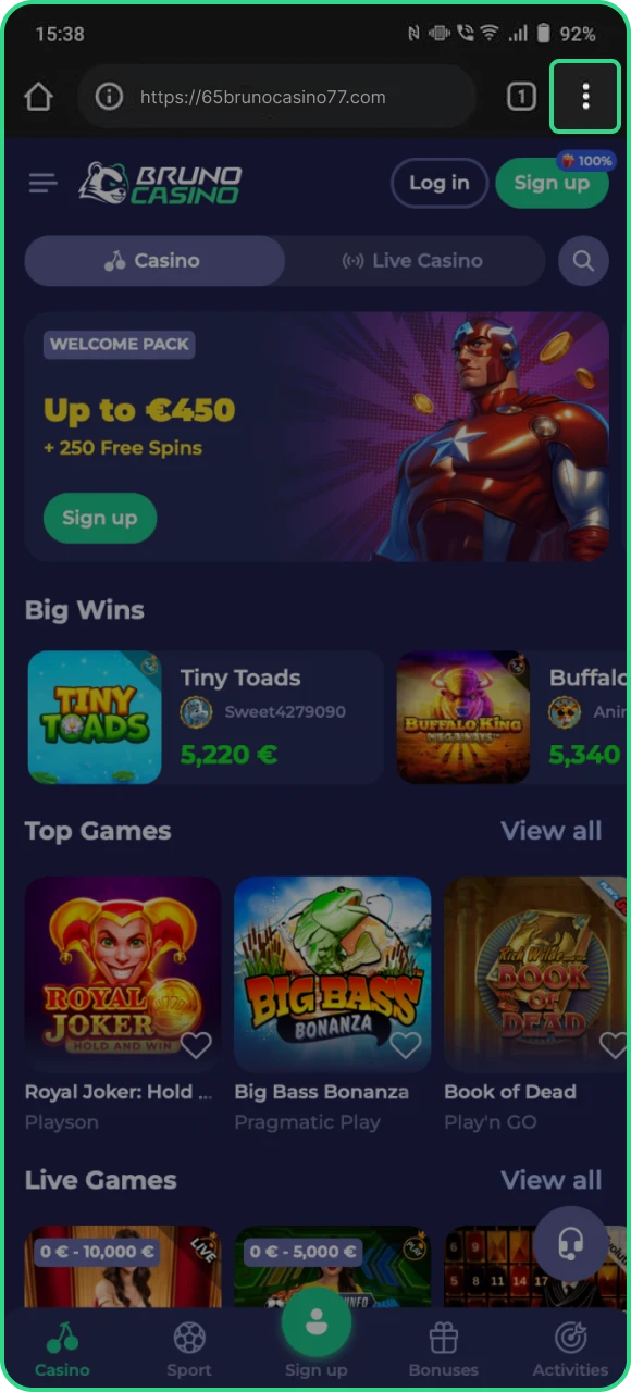 Om de online casino-applicatie Bruno Casino te installeren, opent u het browsermenu.