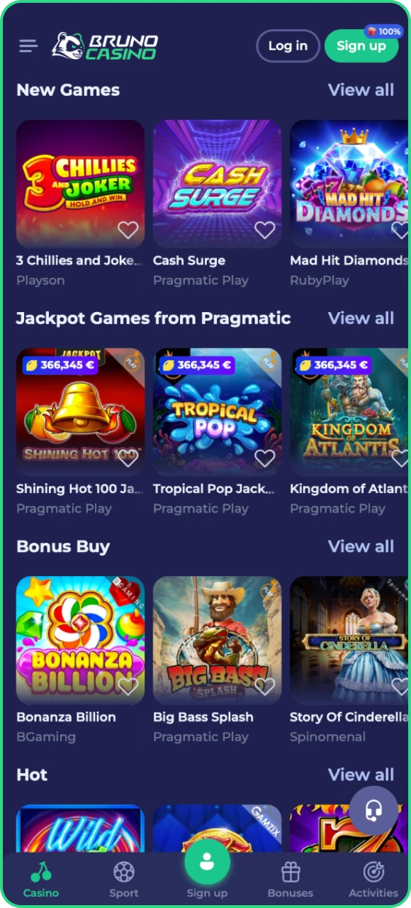 Open de online casino-app van Bruno Casino en speel je favoriete spellen.
