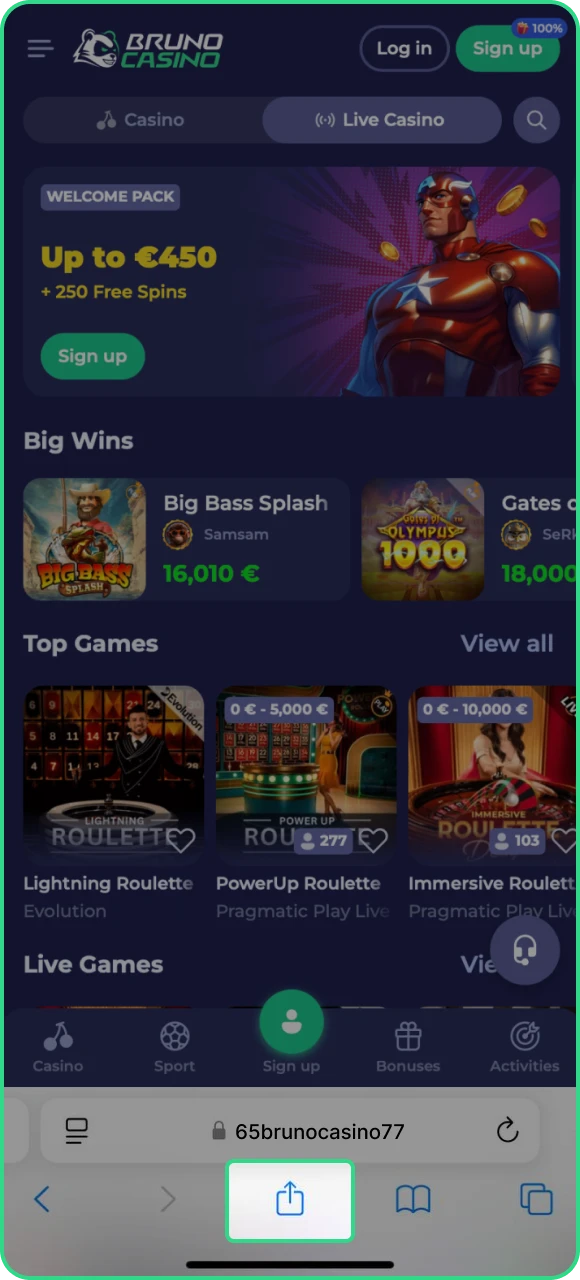 Zoek de knop 'Deel' op uw browserpaneel om te beginnen met het installeren van de Bruno Casino online casino-app.