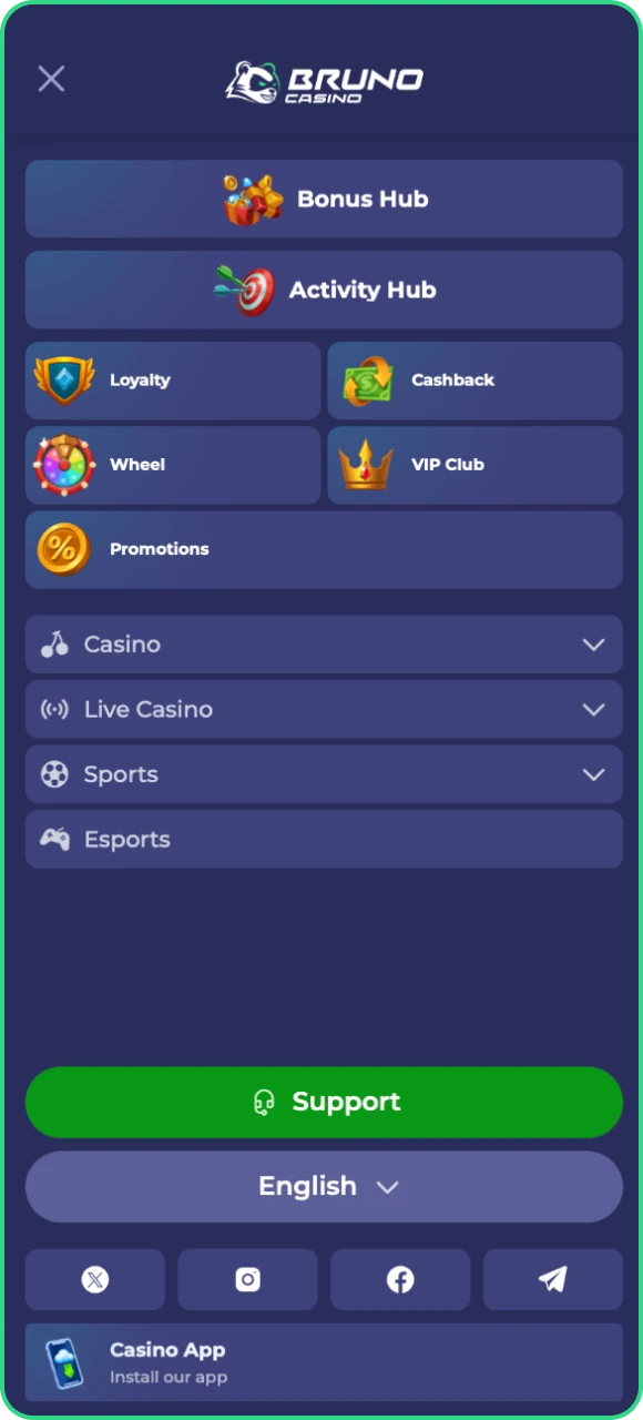 In de online casino-applicatie van Bruno Casino vindt navigatie plaats via het menu.