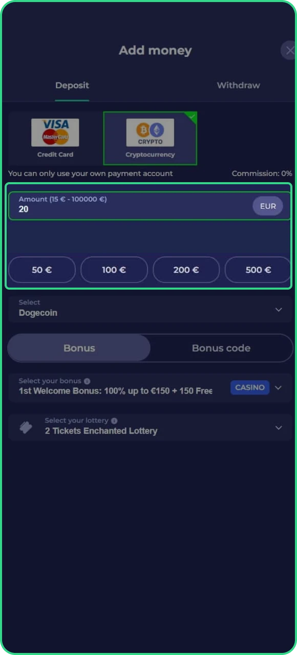 Vul alle formuliergegevens in om door te gaan met het stortingsproces bij Bruno Casino online casino.