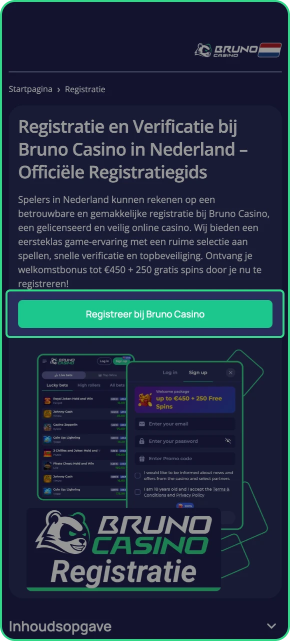 Maak een nieuw account aan bij Bruno Casino online casino en ontvang uw welkomstbonus.