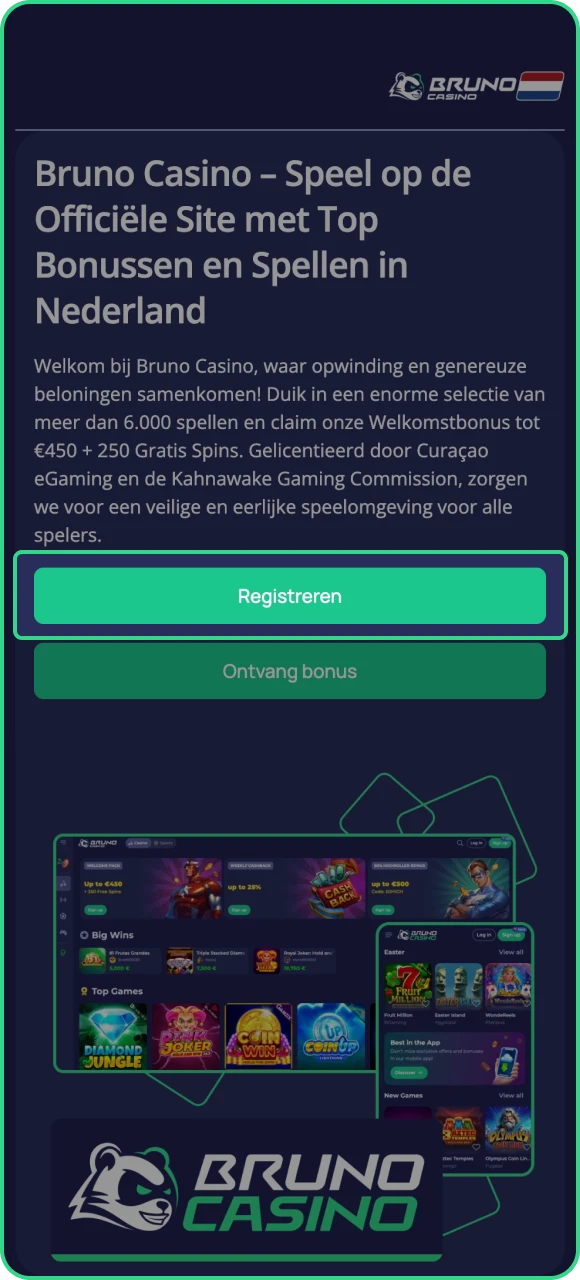 Bezoek de officiële website van het online casino Bruno Casino, registreer en krijg toegang tot de spellen.
